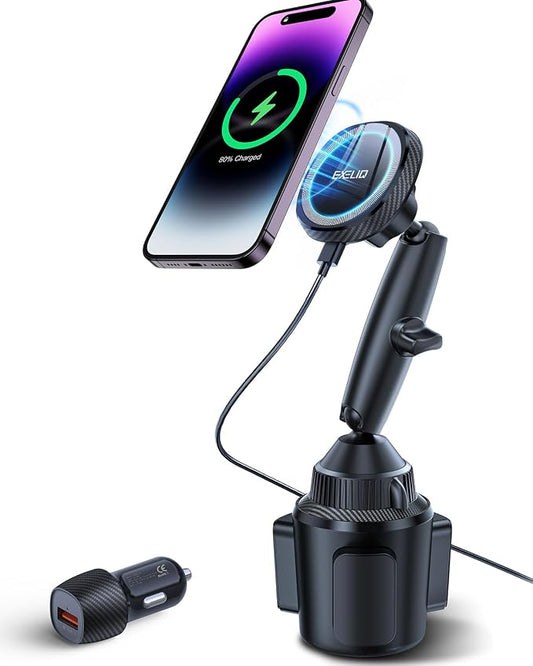 EXELIQ Cup Holder Phone Charger for Magsafe, Wireless Magnetic Car Mount | Heat Dissipation System, 15W Fast Charging Car Cup Phone Holder for iPhone 17 16 15 14 13 12 Pro Max Mini with PD 30W Adapter by EXELIQ