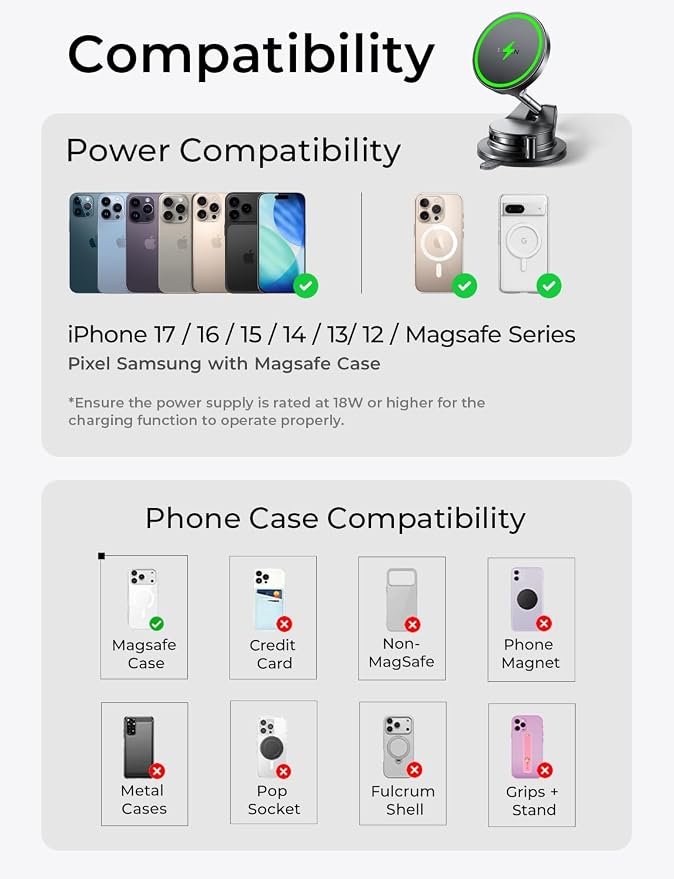 LISEN 15W MagSafe Car Mount Charger, Magnetic Wireless Car Phone Holder | [Easiest Mount] 96LBS Vacuum Suction Car Mount, 360° Magnetic Phone Holders for Your Car, for iPhone 17-12, Pixel 10, Samsung - Image 11