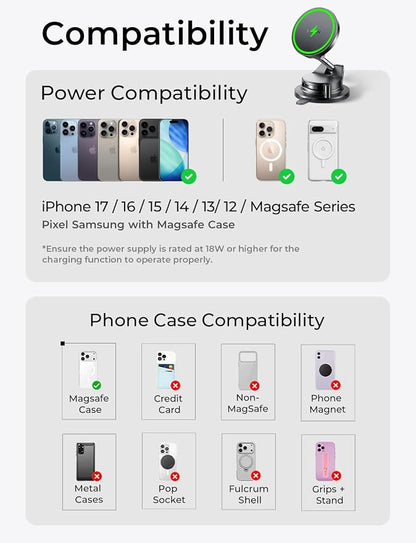 LISEN 15W MagSafe Car Mount Charger, Magnetic Wireless Car Phone Holder | [Easiest Mount] 96LBS Vacuum Suction Car Mount, 360° Magnetic Phone Holders for Your Car, for iPhone 17-12, Pixel 10, Samsung - Image 11