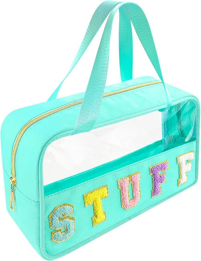 Chenille Letter Clear Makeup Bag Stuff Patch, Travel Toiletry Makeup Bag with Handle, Nylon Waterproof Makeup Bags clear cosmetic bag, preppy patch makeup bag for Women (STUFF-Mint Green) by Bunliuys