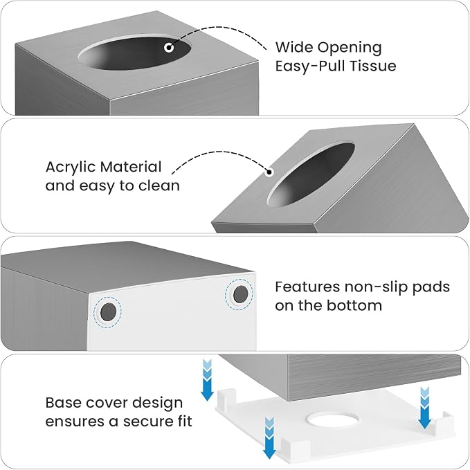 2 Pack Tissue Box Cover, Square Acrylic Tissue Holder Non-Slip Base,Sliver | modern,non-slip,easy to refill,compatibility for tissue & rollsfor bathroom countertops,dressers,night stand,parlors,office - Image 2