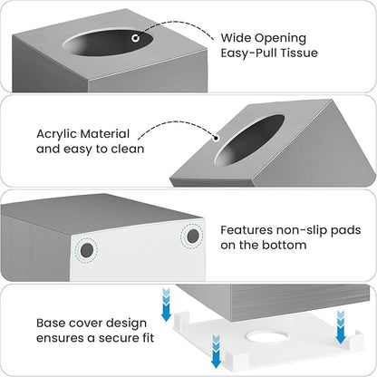 2 Pack Tissue Box Cover, Square Acrylic Tissue Holder Non-Slip Base,Sliver | modern,non-slip,easy to refill,compatibility for tissue & rollsfor bathroom countertops,dressers,night stand,parlors,office - Image 2
