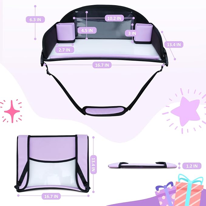 Toddler Car Seat Travel Tray FOR Road Trip Activities, Purple | Kids Carseat Tray With 16.7" x 13.4" Smooth Dry Erase Board, Cup holders, Ddjustable Strap & Shoulder Carry Strap - Image 7