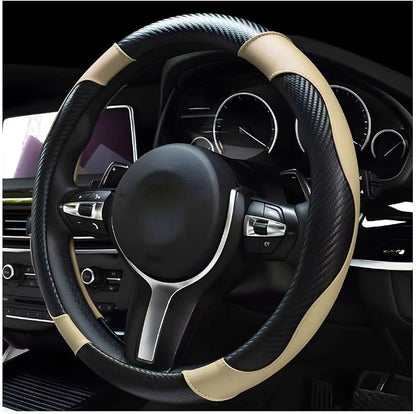 DXNQ Car Steering Wheel Cover, 15 Inch Carbon Fiber Leather Stitching Color Steering Wheel Protector, Anti-Slip Elastic Breathable Steering Wheel Cover Stylish Decor for Most Cars (Black & Beige) by DXNQ