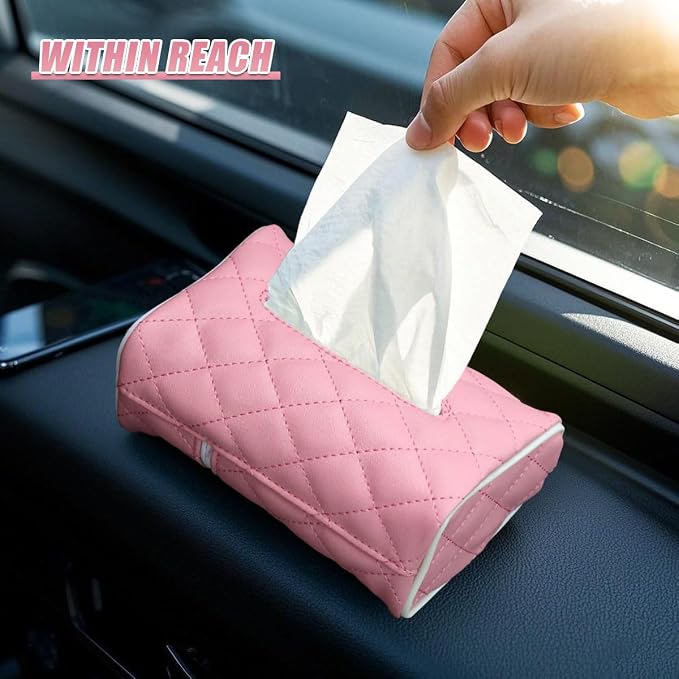 Car Tissue Holder, Soft PU Leather Auto Backseat Napkin Holder, Rectangle Hanging Tissue Box for 100-150 Standard Tissues, Universal Car Interior Storage & Organization Accessories (Pink) - Image 4
