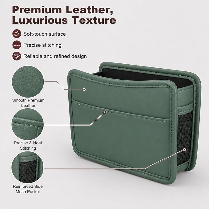 Car Seat Side Pocket Organizer, Leather Sewn Multifunctional Automotive Trash Bag, Small Vehicle Door Pouch for Cell Phone, Key, Wallet, Sunglasses (Green) - Image 3