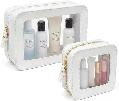 Sunscreen Bag Clear Makeup Bag Set Toiletry Pouch Waterproof PU Leather Portable Beach Bag Organizer Pouch with Transparent Window,Beach Vacation Essentials for Women(2Pack-Standard&Square, Beige) by LETGO