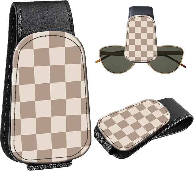Leather Magnetic Sunglass Holder for Car Sun Visor, Cute Eyeglass Ticket Card Hanger Clip, Universal Auto Interior Accessories for SUV Pickup Truck, Beige Checkered by Unknown