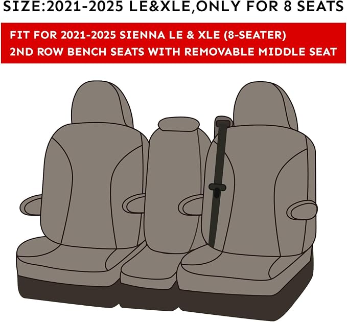 Sienna Seat Covers Custom Fit for 2021-2026 Toyota Sienna LE/XLE (8-Seater),2nd Row Bench w/Removable Seat,Breathable UV-Resistant Polyester Car Seat Protector (Full Set,Black) - Image 2