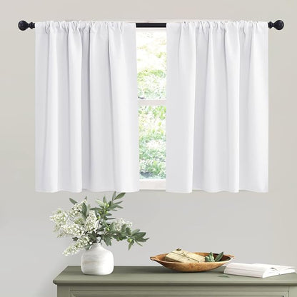 RYB HOME Short Pure White Curtains for Small Bedroom Kitchen Cafe Window | Thermal Insulating, UV Blocking, Privacy Protection, Drapes/Tiers for Basement Garage Bathroom, W42 x L36, 2 Panels by RYBHOME