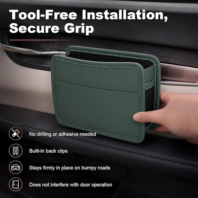 Car Seat Side Pocket Organizer, Leather Sewn Multifunctional Automotive Trash Bag, Small Vehicle Door Pouch for Cell Phone, Key, Wallet, Sunglasses (Green) - Image 4