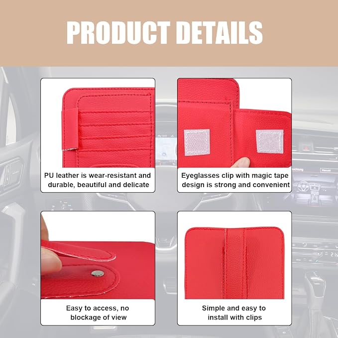 Augeny 2 PCS Car Sun Visor Organizer, Small Auto Visor Organizer and Storage, Registration and Document Holder for Sunglasses, Card, Pen, Driver License, Car Accessories (Red) - Image 3