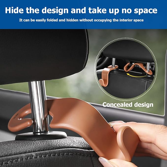 8sanlione 4 Pack Backseat Headrest Hooks for Vehicle Seats, Brown | PP plastic construction, rotating clip design, folds behind the seat, fits matching headrest posts, interior accessory - Image 4