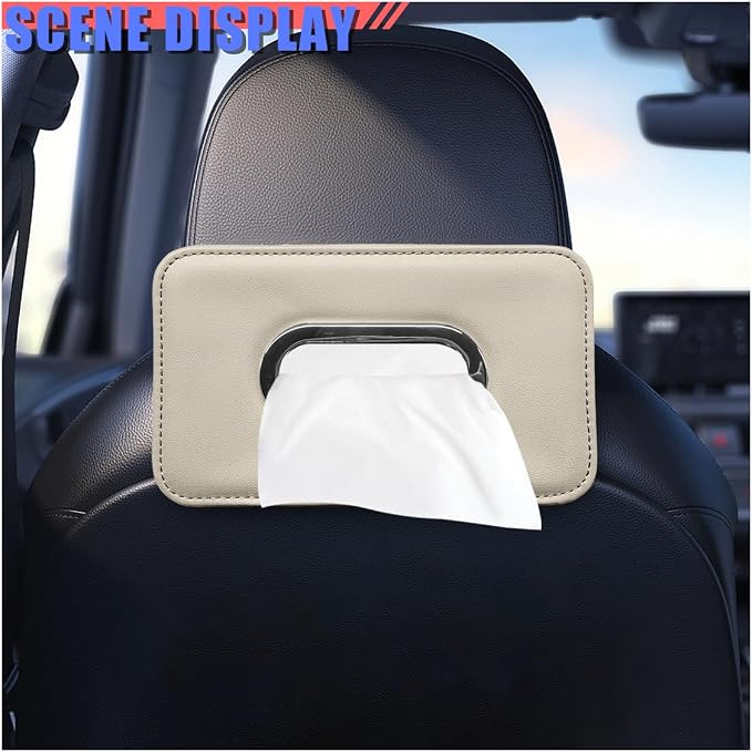 Craedli Car Tissue Holder, Leather Backseat Tissues Box Cover Rectangular Car Napkin Holder for 100-150 Tissues Organizer, Large Napkin Case Auto Headrest Hanging Mask Dispenser for SUV Sedan (Beige) - Image 3