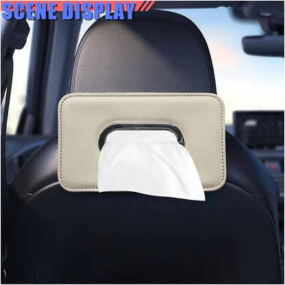 Craedli Car Tissue Holder, Leather Backseat Tissues Box Cover Rectangular Car Napkin Holder for 100-150 Tissues Organizer, Large Napkin Case Auto Headrest Hanging Mask Dispenser for SUV Sedan (Beige) - Image 3