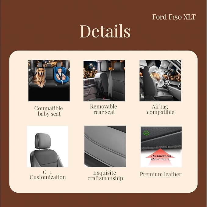Red Rain Custom Fit Ford F150 Seat Covers SuperCrew/CrewCab 2015-2025 XLT | Breathable Leather Seat Cover Full Set Black and Gray Seat Cushion Cover (F150-Black+Gray) - Image 5