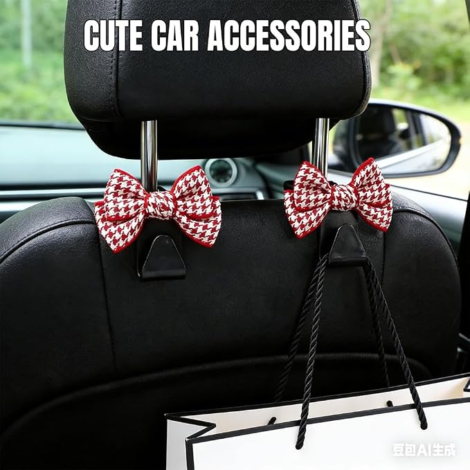 2PCS Car Seat Headrest Hooks, Car Purse Hook, Cute Bow Knot Vehicle Seatback Hanging Storage Organizer, Auto Seatback Decor Organizer Hanger for SUV Truck (Small Houndstooth/Red) - Image 3