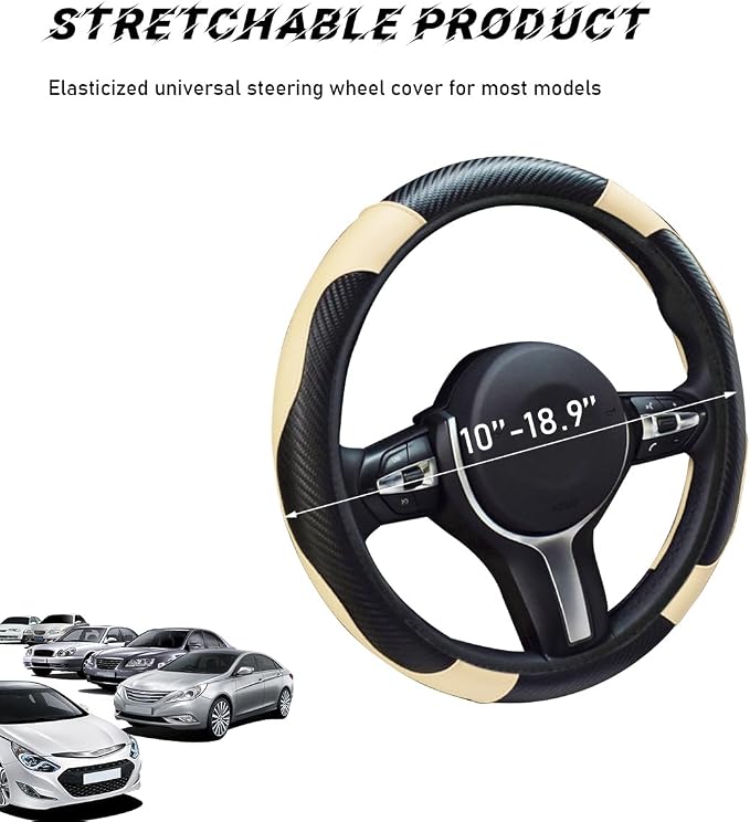 povtii Car Steering Wheel Cover, 15 Inch Leather Breathable Auto Steering Wheel Protector, Comfortable Non-Slip Vehicle Steering Wheel Covers, Universal Car Accessories (Beige, with Lining) - Image 2