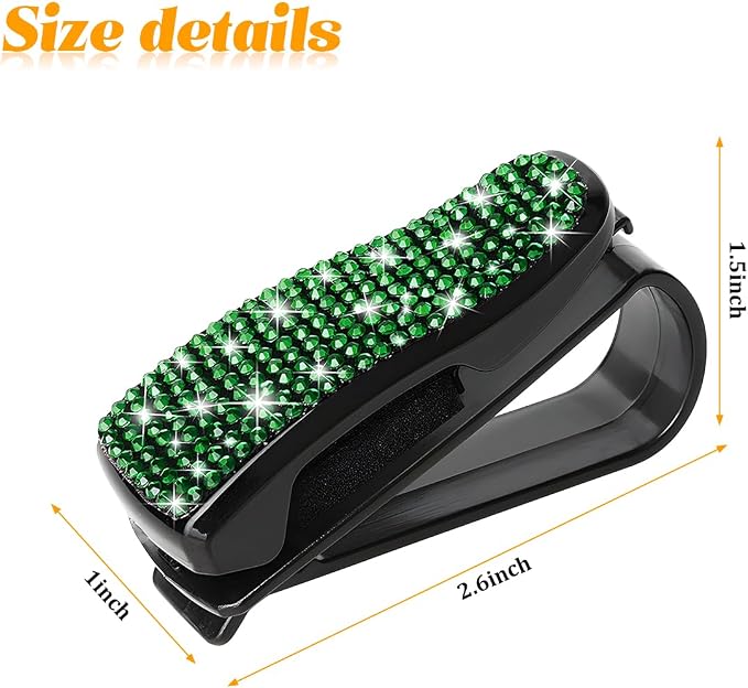 HZEL 2PCS Bling Sunglasses Holder for Car Visor, Crystal Rhinestone Sun Visor Eyeglasses and Ticket Card Mount Clip, Shiny Diamond Auto Glasses Hanger Holder, Universal for Vehicles (Dark Green) - Image 2