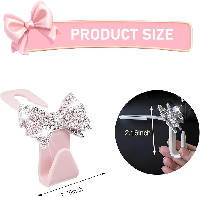 2 PCS Bling Car Seat Headrest Hooks, S Type Crystal Rhinestone Bow Vehicle Seat Back Storage Hooks for Purses Bags Groceries, Universal Diamond Car Rear Seat Organizer (Pink) - Image 2