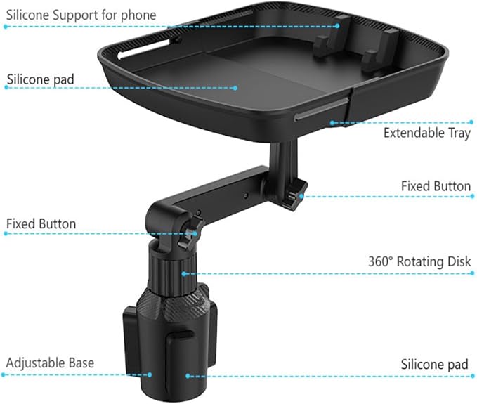 Kelofam Larger Cup Holder Tray, 10 inch Car Food Tray for Eating, Detachable 3 in 1 Car Cup Holder Expander and 360° Rotating Car Cup Holder Tray Table with Phone Holder, Road Trip Essentials - Image 4