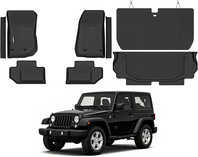 Floor Mats for 2014-2017 Jeep Wrangler JK 2-Door Accessories | (Not for JL or 4XE or 4 Door) Trunk Mat & Backrest Mats & Door Sill Guard All Weather TPE Interior Floor Liners by Bingoliner