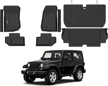 Floor Mats for 2014-2017 Jeep Wrangler JK 2-Door Accessories | (Not for JL or 4XE or 4 Door) Trunk Mat & Backrest Mats & Door Sill Guard All Weather TPE Interior Floor Liners by Bingoliner