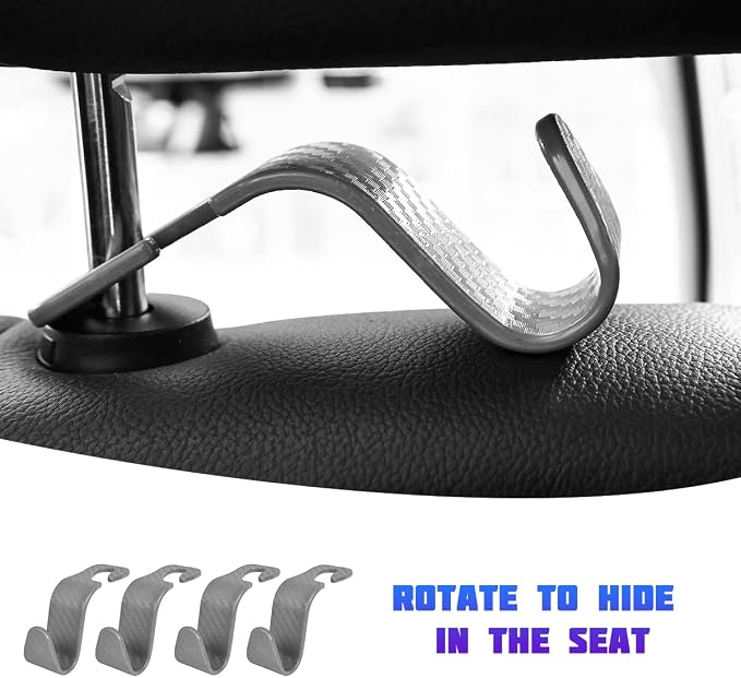 4 Pack 4.13 Inch Carbon Fiber Car Seat Headrest Hooks, Gray | plastic body, supports up to 55 lb, tool-free post fit, rotates beneath headrest when idle, interior storage accessory - Image 5