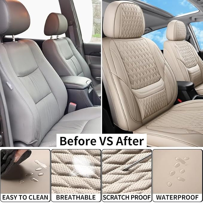 Car Seat Covers Full Set Custom Fit For Toyota Matrix 2003-2014, Beige | Lumbar Support, Premium Faux Leather, Breathable, Anti-Slip, Airbag Compatible, Waterproof, Car Seat Protectors, 2 Row-5Seat - Image 5