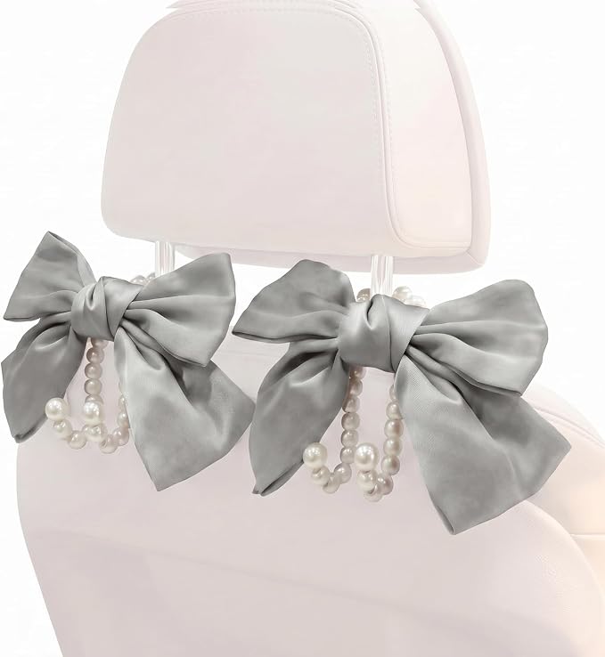 2PCS Satin Bow Pearl Car Seat Headrest Hooks – Car Bag Holder & Vehicle Hanger for Purses – Cute Coquette Aesthetic Interior Decoration – Cute Auto Organizer Accessories Universal (Moonlight Grey) - Image 9