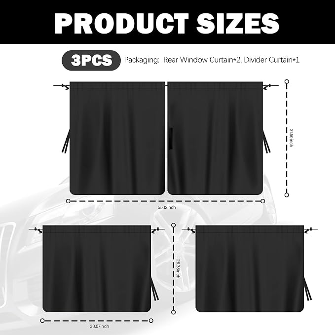 3PCS Car Privacy Curtains,Black Coated Car Window Shades Kit with Rear Window & Divider Curtain,Portable Cars Windows Curtains for Privacy and Lower Interior Temperature - Image 2