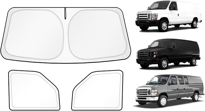 KUST 3-Pack Window Sun Shade for 1992-2025 2026 Ford E-Series E-150 E-250 E-350 E-450, Interior Accessories Sunshade Full Coverage Window Shades Silver & Black Shade, Sun Shield Blocks UV Rays Heat by KUST