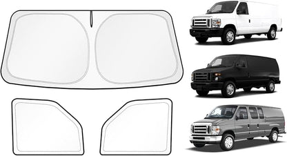 KUST 3-Pack Window Sun Shade for 1992-2025 2026 Ford E-Series E-150 E-250 E-350 E-450, Interior Accessories Sunshade Full Coverage Window Shades Silver & Black Shade, Sun Shield Blocks UV Rays Heat by KUST