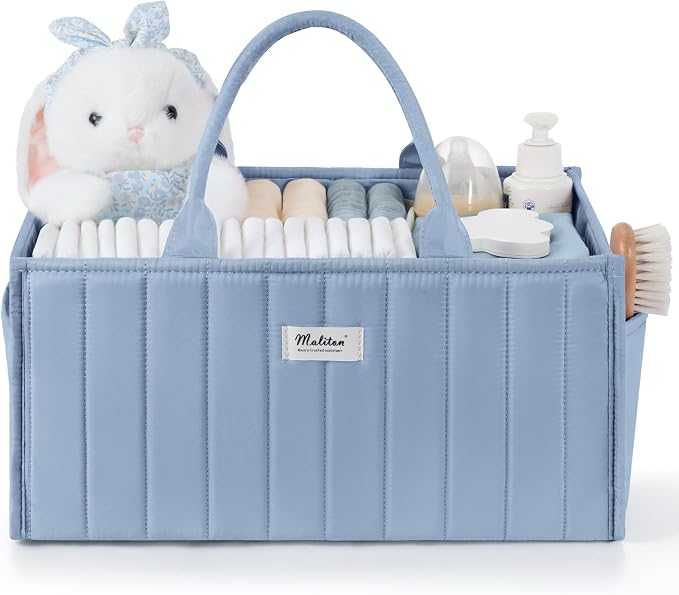 Maliton Baby Diaper Caddy Organizer with 2 Side Pockets, Portable, Blue | with Handle and Removable Dividers, Nursery Storage Basket, Car Organizer for Diapers & Wipes. Boy & Girl Shower Gift by Maliton