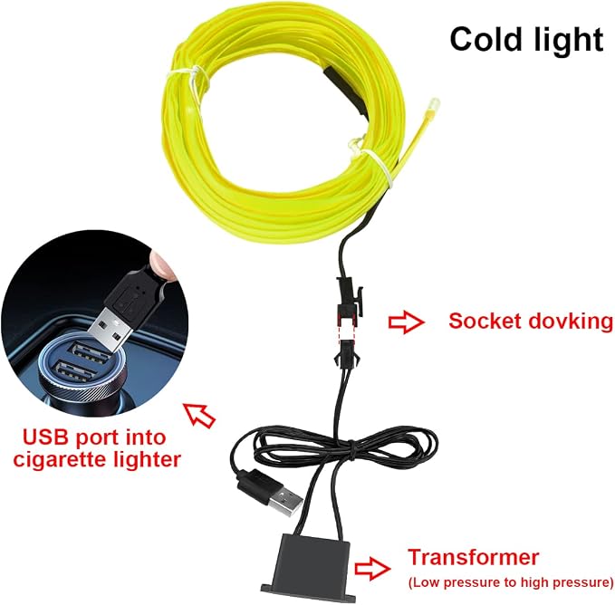 10FT EL Wire Strip Lights, USB Car Neon Trim, Sewing Edge, Ice Green | USB-powered operation, sewing-edge design, fuse protection, interior ambient lighting use, cut-to-length construction - Image 2