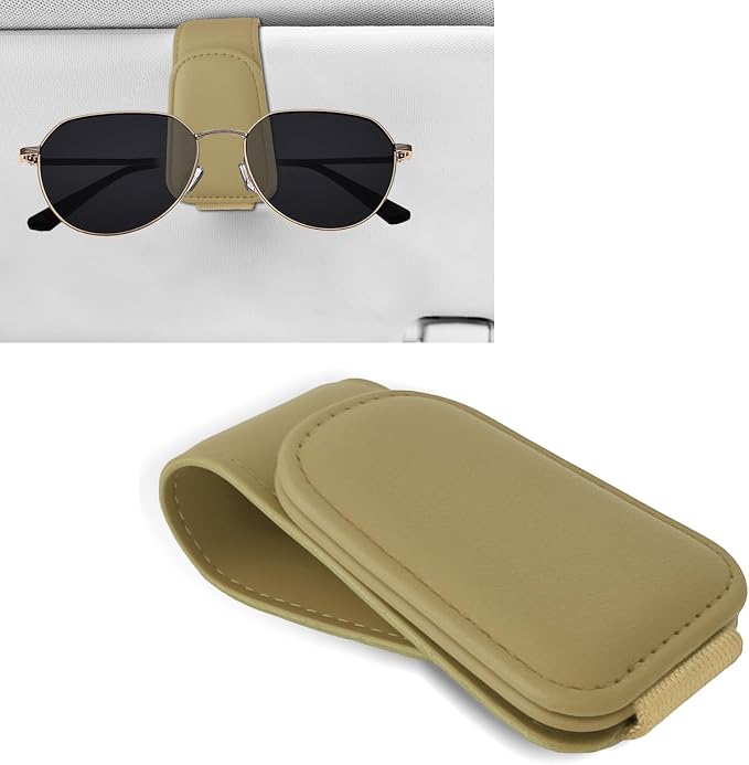 Sunglass Holder for Car, Car Sunglass Holder, Magnetic Leather Sunglasses Holder and Ticket Card Clip, Auto Multi-Functional Sun Visor Eyeglass Holders for SUV Pickup Truck (Beige) by Unknown