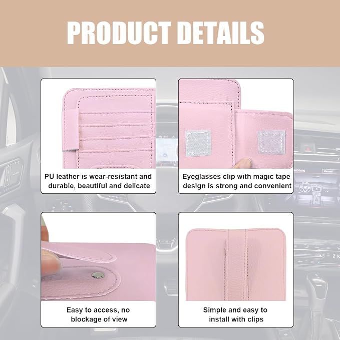 Augeny 2 PCS Car Sun Visor Organizer, Small Auto Visor Organizer and Storage, Registration and Document Holder for Sunglasses, Card, Pen, Driver License, Car Accessories (Pink) - Image 3