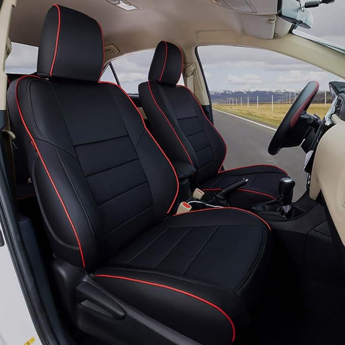 EKR Car Seat Covers for Toyota Camry 2012-2017 (Gas),Full Set | Custom Fit for Toyota Camry L/LE/XLE 2012-2017,Factory-Style Upgrade,Easy-Wipe Protection-Faux Leather(Black with Red Trim) by EKR