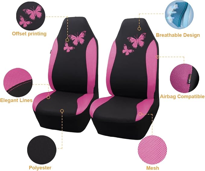 Flying Banner Butterfly car seat Covers ful Set Fashion Universal Lady Woman Female Rear Bench Split Colorized (2 Fronts, Pink) - Image 2