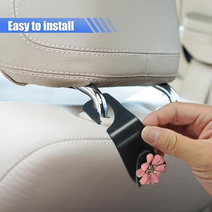 Craedli 2PCS Bling Car Seat Headrest Hook, Cute Rhinestone Flower Seat Back Storage Organizer Hanger Car Purse and Bag Hooks Holder, Universal Interior Accessories for Handbag Grocery Bag Coat (Pink) - Image 6