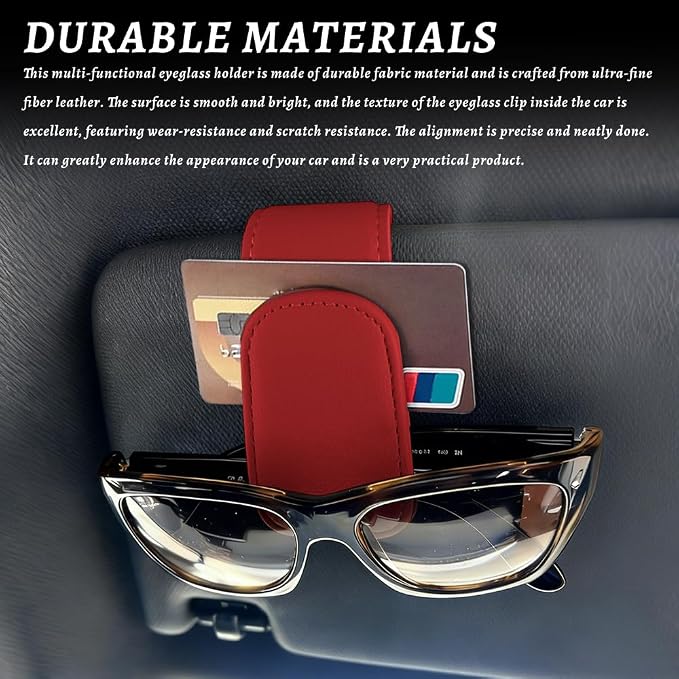 Sunglass Holder for Car, Car Sunglass Holder, Magnetic Leather Sunglasses Holder and Ticket Card Clip, Auto Multi-Functional Sun Visor Eyeglass Holders for SUV Pickup Truck (Red) - Image 4
