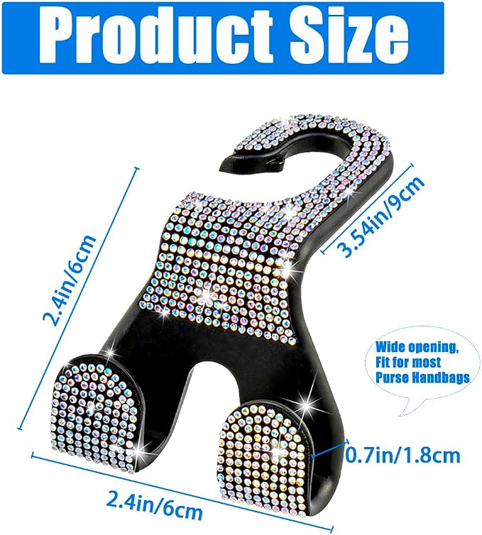 Bling Car Purse Hooks 2Pcs, Rhinestones Car Headrest Hook Backseat | Double Hooks,Holds 44Lbs,Wide Opening,Durable Nylon,Car Seat Hook,Purse Holder,Bling Car Accessories for Women,AB - Image 5