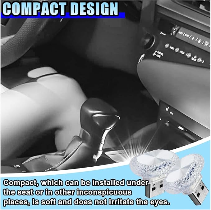 2PCS USB LED Car Interior Night Light, Crystal Mini Decoration Neno Ambient Light Car Interior Atmosphere Lamp, Plug-in USB Interface Auto Trunk Ambient Lighting Kit Universal for Cars (White) - Image 6