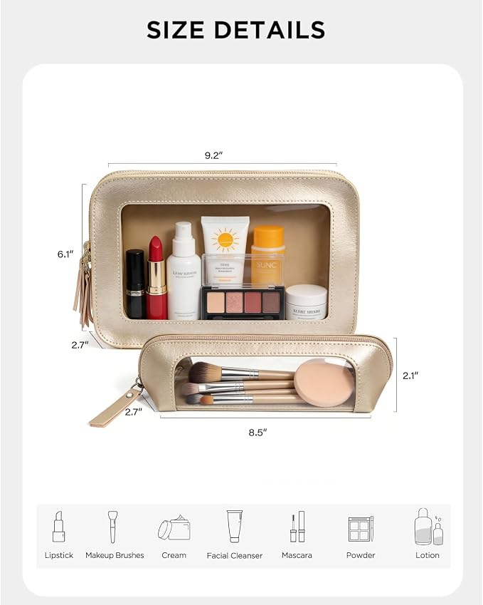 2Pack Clear Makeup Bags, Makeup Pouch for Purse Slim Make Up Brush Bag for Girls Car Accessories Essentials for Women(2Pack-Gold Set) - Image 6