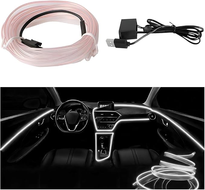 EL Wire Car LED Strip Lights, 10FT 5V USB Vehicle Ambient Lighting Kit with Fuse Protection, Automotive Interior Neon Decoration Lamp with 5mm Sewing Edge, Universal Fit (White) by Ywdiml
