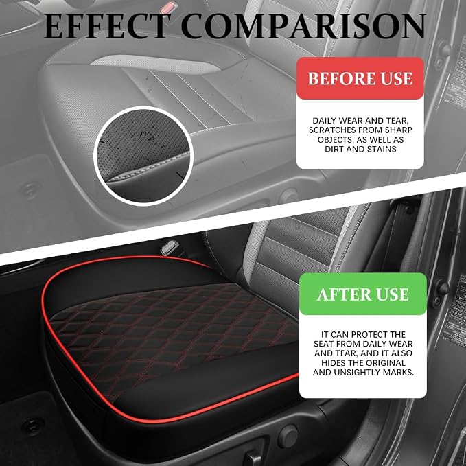 Leather Front Car Seat Covers, Car Bottom Seat Cover, Anti Slip Leather Auto Front Seat Cushion Cover with Storage Pocket, Waterproof Bottom Auto Seats Cushion Pad Mat for Vehicles (Black Red) - Image 4