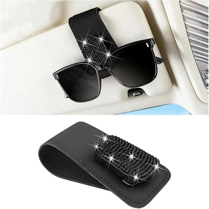 Bling Car Sun Visor Sunglasses Holder, Crystal Rhinestone Leather Visor Eyeglasses Ticket Card Mounter Clip, Shiny Diamond Auto Glasses Hanger Holder, Universal Fit (Black) by Unknown