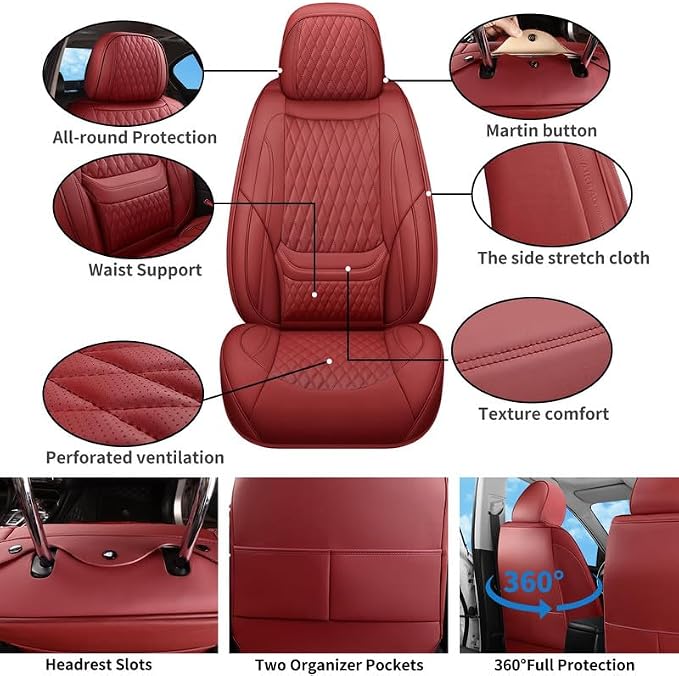 Car Seat Covers Full Set Custom Fit for Lexus GS350 2011-2020, Red | Lumbar Support, Premium Faux Leather, Breathable, Anti-Slip, Airbag Compatible, Waterproof, Car Seat Protectors, 2 Row-5Seat - Image 2