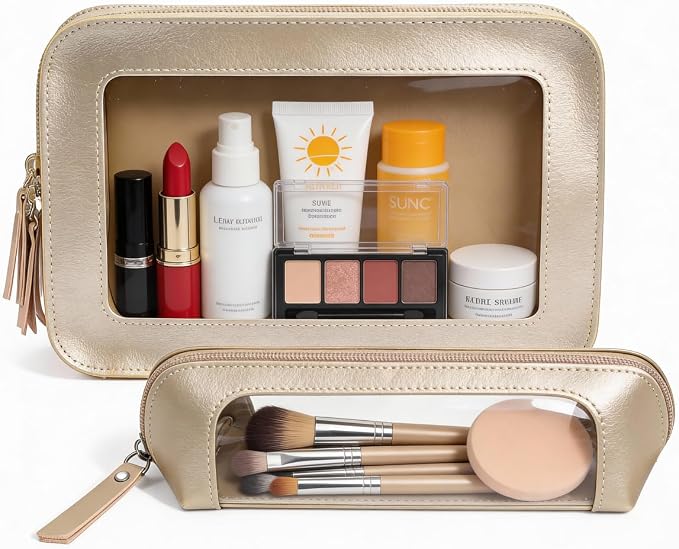 2Pack Clear Makeup Bags, Makeup Pouch for Purse Slim Make Up Brush Bag for Girls Car Accessories Essentials for Women(2Pack-Gold Set) - Image 2