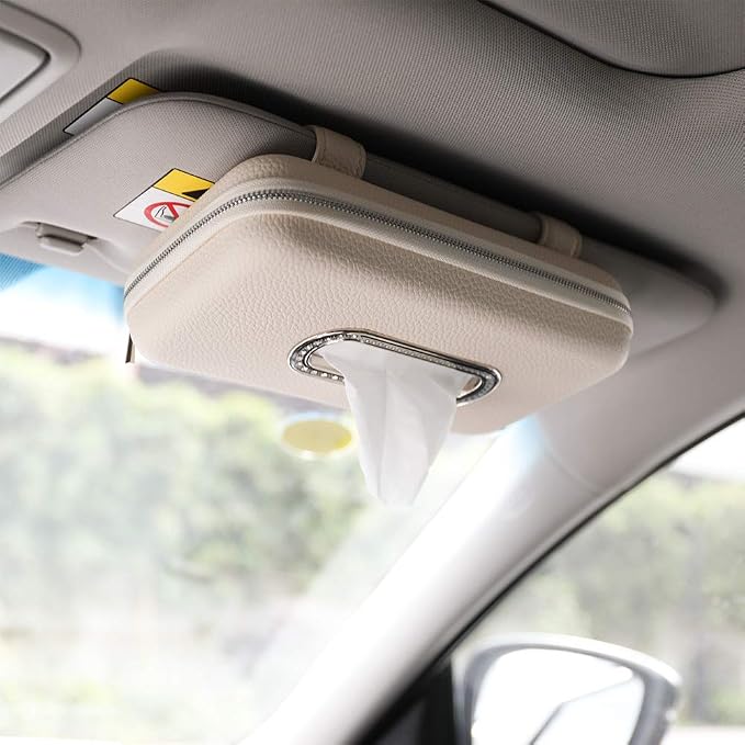 Car Tissue Holder, Sun Visor Napkin Holder, Car Visor Tissue Holder, Luxury PU Leather Backseat Tissue Case Holder (Beige) - Image 2